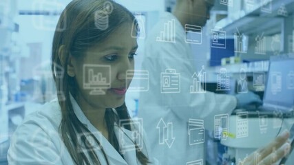 Poster - In school lab, scientists processing data with animation icons overlay on screen