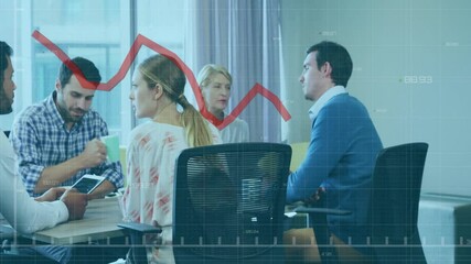 Poster - In meeting, participants discussing financial data with declining graph animation overlay