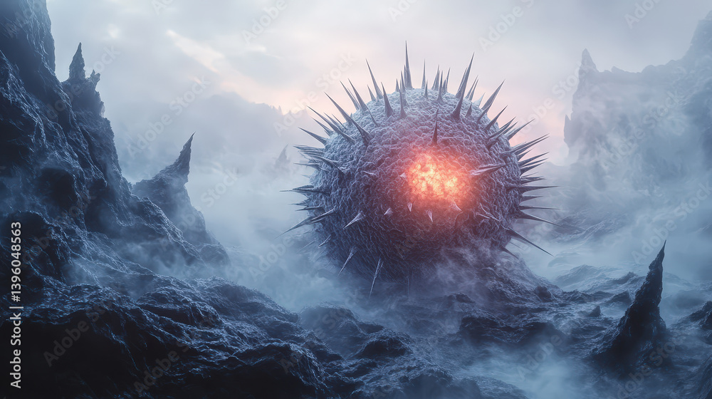 Giant spiky virus cell in a desolate alien landscape with fog and rocky ...
