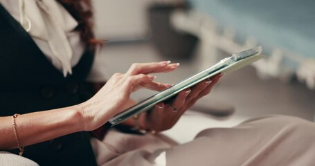 Aufkleber - Hands, information and tablet with business woman reading article in office for company management. Email, internet and planning with employee closeup in professional workplace for online research