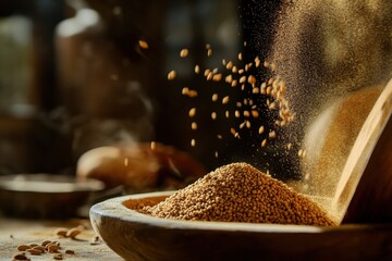 Poster - Grains being ground and scattered in a traditional kitchen during the afternoon hours