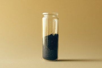 Aufkleber - Unique glass container filled with dark sand displayed against a soft, neutral background in a minimalistic setting