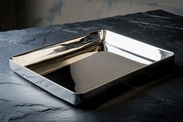 Aufkleber - Elegant polished metal tray on a dark slate surface with soft lighting creating a sleek look