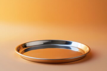 Aufkleber - Polished metal tray on a warm orange background creates a minimalistic and elegant aesthetic suitable for various decorative uses