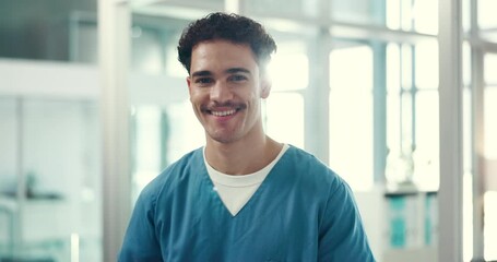 Poster - Man, face and nurse with smile in hospital for medical service, healthcare assistance and wellness support. ADN, health professional and happy in clinic with career confidence, medicare and about us