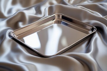 Poster - Shiny metal tray resting on soft silken fabric, showcasing reflections and elegance