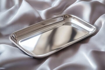 Aufkleber - Shiny silver rectangular tray resting on smooth, soft fabric in a natural light setting