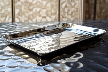 Aufkleber - Reflective stainless steel tray on textured surface in bright modern interior setting