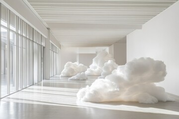 Aufkleber - Modern art installation featuring fluffy white cloud sculptures in a spacious gallery