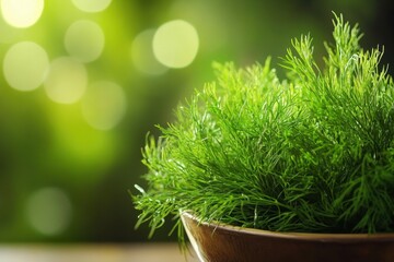 Poster - Fresh dill in a wooden bowl with soft lighting creating a tranquil ambiance in a kitchen setting