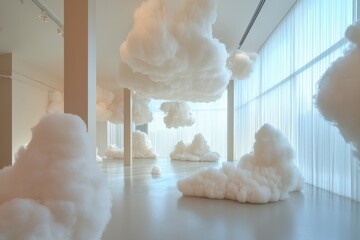 Aufkleber - Modern art installation featuring fluffy cloud-like sculptures in a spacious gallery at daytime