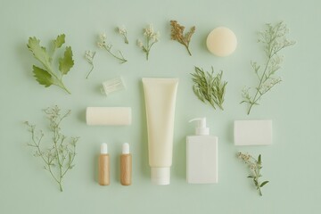 Aufkleber - Natural skincare products arranged with herbs on green background for wellness and beauty routine