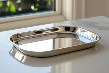 Aufkleber - Stylish silver tray on a modern marble table reflecting natural light from a window