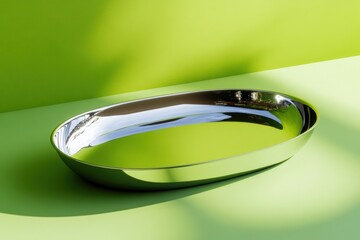 Poster - Shiny oval metal tray placed on vibrant green background with natural light reflecting
