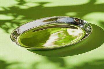 Aufkleber - Reflective silver tray on vibrant green surface with soft shadows cast by leaves