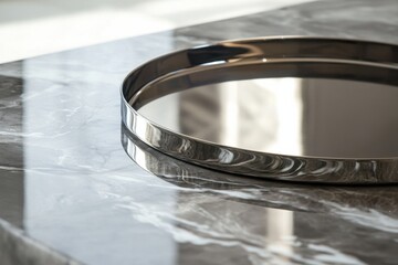 Poster - Reflective metal tray resting on a polished marble table in a well-lit contemporary interior setting