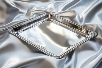 Aufkleber - Shiny silver tray resting on elegant satin fabric drapes with reflections and texture details