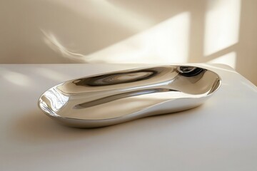 Poster - Elegant silver serving tray elegantly displayed on a simple white table with soft natural light