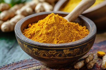 Poster - Bright yellow turmeric powder sits in a wooden bowl surrounded by fresh roots on a rustic table