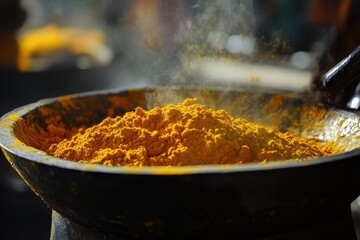 Poster - Bright yellow turmeric powder steaming in an iron bowl at a local market in the morning