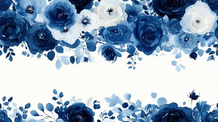 Wall Mural -   A watercolor painting featuring blue and white blooms against a white canvas, featuring space for text at its focal point