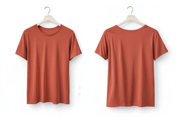 Poster - Cotton t-shirt displayed on hangers showcasing front and back views in a minimalist setting for casual wear