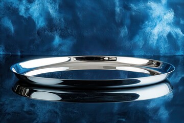 Poster - Reflective silver serving tray on a blue textured background with calm ambiance and elegant design emphasizing sophistication