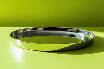 Aufkleber - Stylish metallic tray placed on a vibrant green surface reflecting natural light during daytime