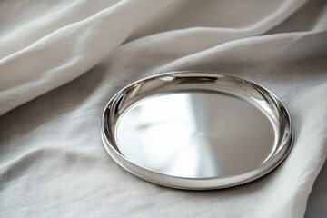 Leinwandbilder - Reflective metal tray placed on soft white fabric in an elegant indoor setting