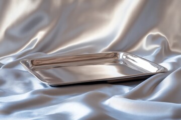 Aufkleber - Elegant silver tray resting on a soft satin fabric for a luxurious presentation in a calm setting