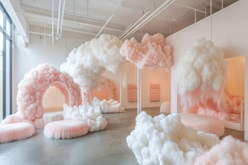 Aufkleber - Pink cloud installations create a dreamy atmosphere in a contemporary art gallery during an exhibition