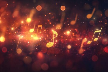 Poster - Abstract musical notes floating with blurred lights and stars in a red and gold color scheme