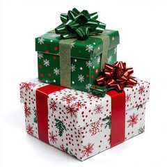 Wall Mural - Stacked christmas presents with bows on a white background studio on transparent background