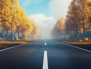 Aufkleber - Scenic Autumn Road Surrounded by Vibrant Trees and Mountains Under a Clear Blue Sky : Generative AI