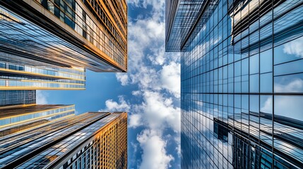 Poster - Stunning View of Modern Skyscrapers Rising Against a Blue Sky with Fluffy Clouds Above : Generative AI