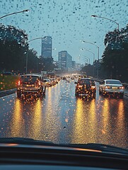 Poster - Rainy cityscape view with illuminated streets and wet windshield displaying lively traffic at dusk : Generative AI