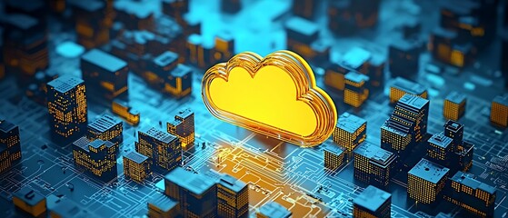 Fototapete - Futuristic illustration of a digital city with a prominent glowing cloud symbol representing technology and data storage : Generative AI