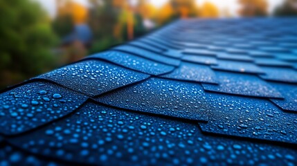 Aufkleber - Closeup view of water droplets on a dark roof surface glistening under natural light : Generative AI