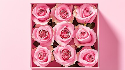 Poster - Beautiful arrangement of nine pink roses in a decorative pink box creating an elegant floral display : Generative AI