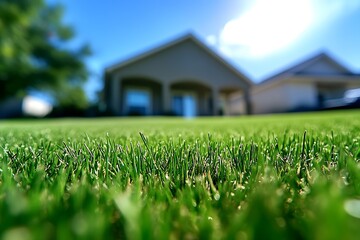 Leinwandbilder - Close up view of vibrant green grass under a sunny sky with a beautiful house in the background : Generative AI