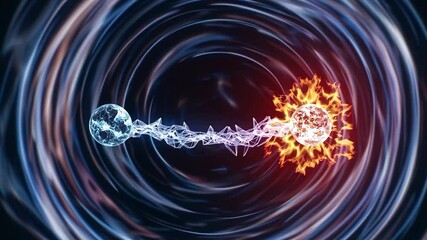 Poster - Quantum entanglement shows energy transferring between two entangled particles, visualized as glowing spheres connected by a stream of light, against a swirling energy field background
