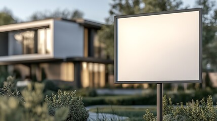 Poster - Blank advertising sign in front of a modern house giving potential for customizable promotions or messages : Generative AI