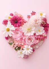 Aufkleber - A beautiful heart-shaped arrangement of colorful flowers on a soft pink background ideal for spring : Generative AI