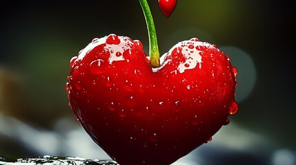 Poster - Glistening cherry red heart shaped cherry with water droplets captured creating a fresh and romantic atmosphere : Generative AI