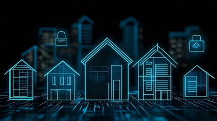 Poster - Futuristic digital illustration of smart houses with security technology represented in glowing blue lines : Generative AI