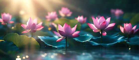 Poster - Beautiful pink lotus flowers blooming in serene water setting illuminated by golden sunlight : Generative AI