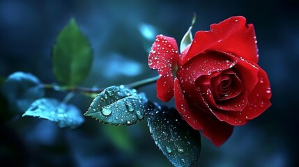 Aufkleber - Gorgeous red rose flower with dew drops on petals and leaves showcasing natural beauty : Generative AI