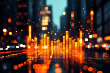 Poster - Abstract digital orange equalizer with blurred city lights and bokeh effect for music trends