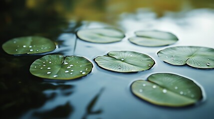 Poster - Beautiful water lily leaves with dew drops floating on tranquil water surface in serene natural setting : Generative AI