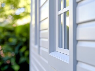 Poster - Close up of a modern house window framed by vibrant green foliage in sunlight : Generative AI